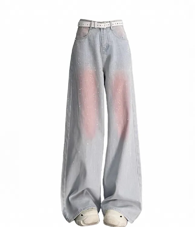 腮红渐变款长裤高腰女静奢风夏季牛仔裤水洗潮流扎染阔腿裤女