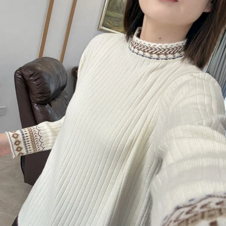 内搭圆领长袖毛针织衫提花时尚毛衫针织衫拼色百搭宽松打底衫毛衣