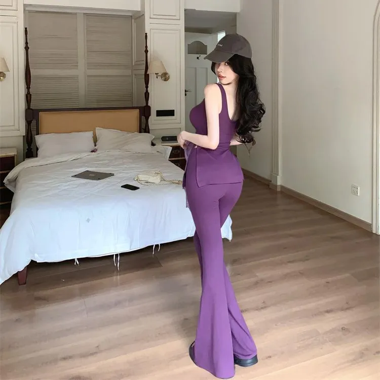 法式纯欲辣妹性感修身背心女高腰显瘦休闲微喇裤防晒衬衣三件套夏