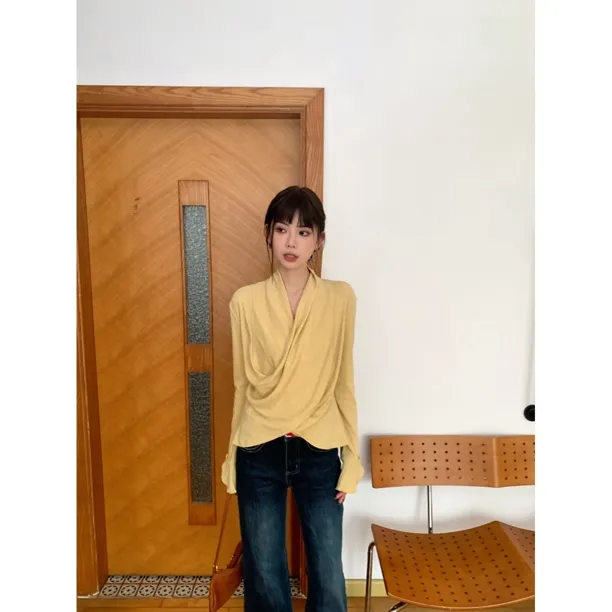 【赵小小&魅力磁场】8660 网红秋季法式名媛V领褶皱设计纯色T恤上衣