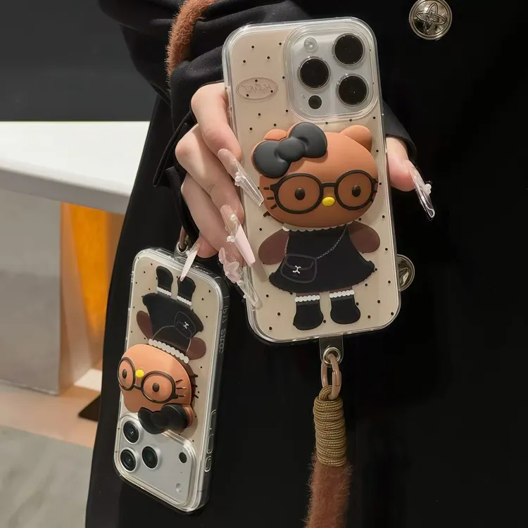 黑皮KT猫公仔支架挂绳适用苹果16/17promax手机壳华为vivoppo小米