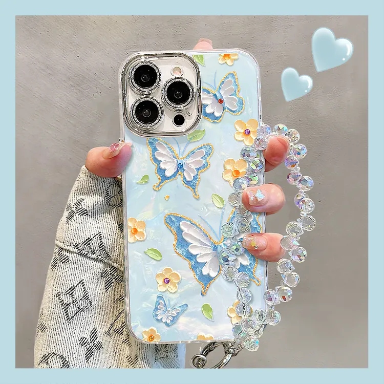 油画蝴蝶适用苹果15promax华为oppo小米iPhone16精孔贝壳纹手机壳