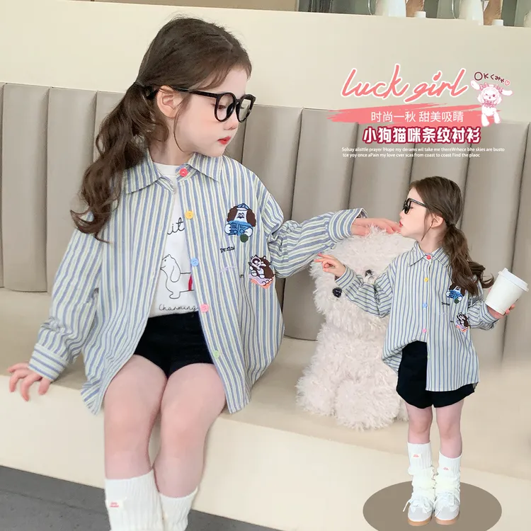 春秋季新款韩版女童中小童网红衬衫女小孩可爱卡通衬衫上衣外套