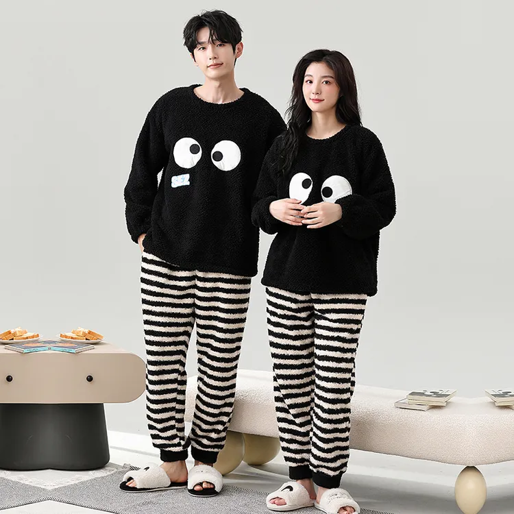 秋冬季加厚毛巾绒睡衣男加绒家居服条纹长袖情侣卡通亲子保暖