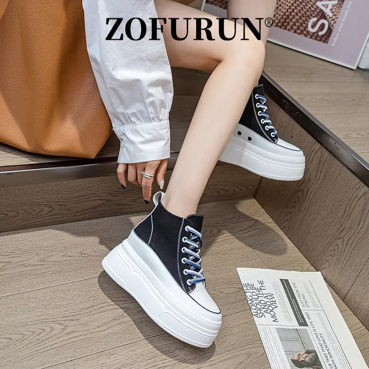 ZOFURUN韩版皮面帆布内8CM高帮鞋202春秋厚底单鞋百搭舒适女鞋
