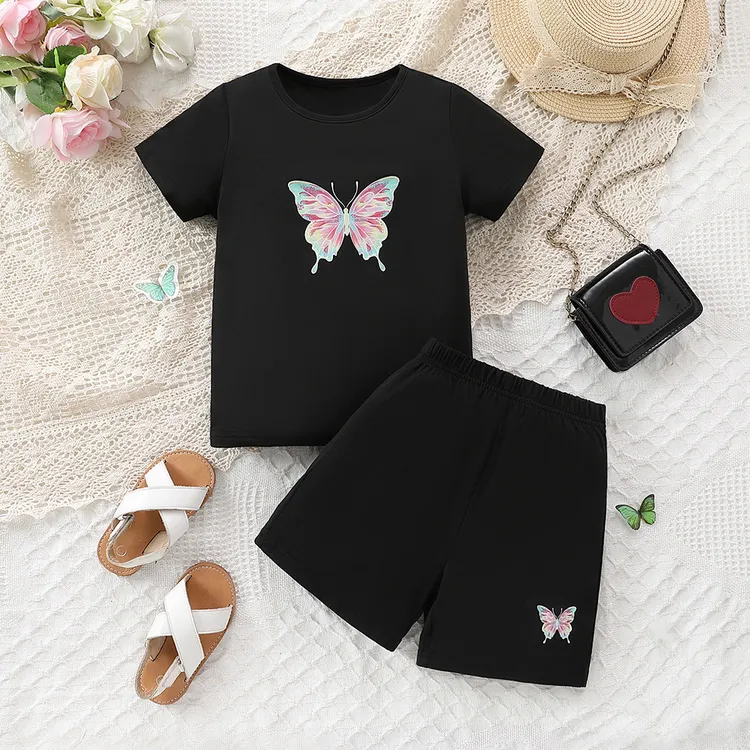2025新款夏装女童短袖T恤套装蝴蝶印花上衣休闲短裤两件套韩版