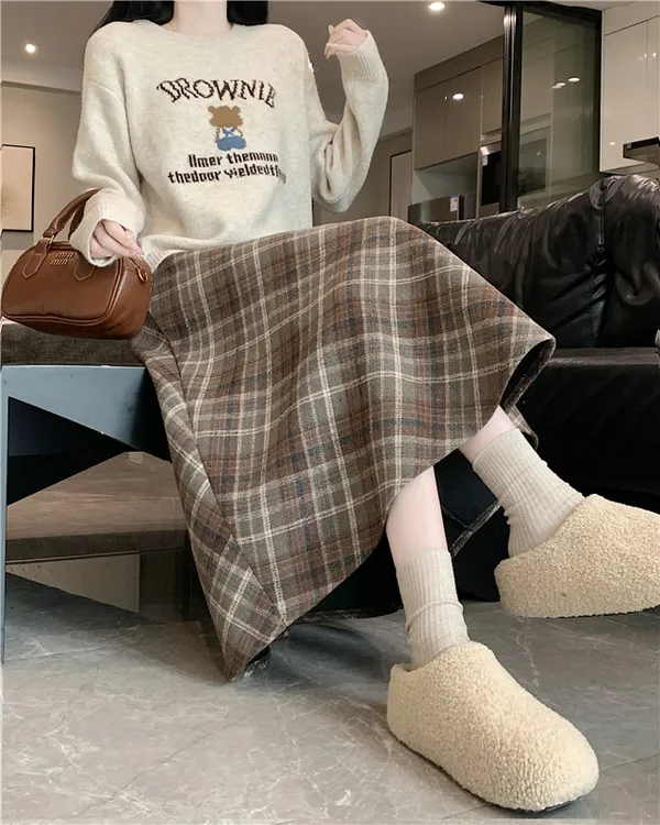 复古格纹半身裙女2025秋冬季百褶裙高腰显瘦百搭时尚中长款裙子