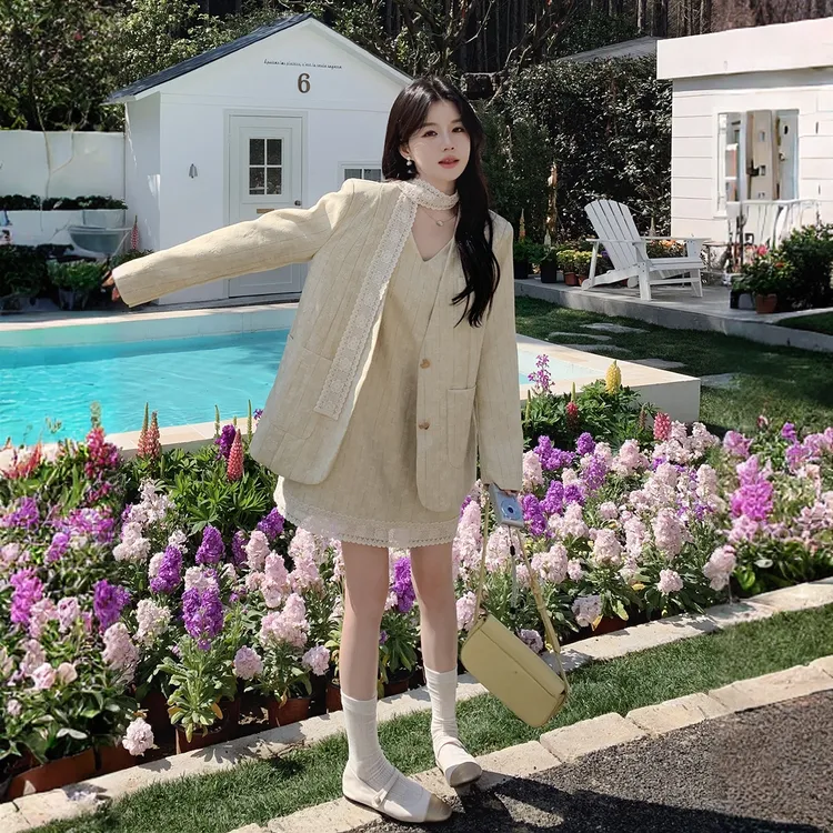奥顿思兰迪小香风蕾丝西装外套背心连衣裙套装女气质韩系两件套