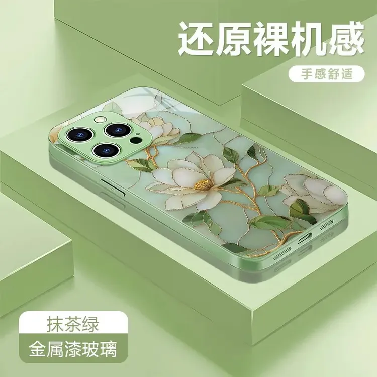玻璃花适用苹果17/16华为P70/vivo/oppo金属漆玻璃防摔手机壳