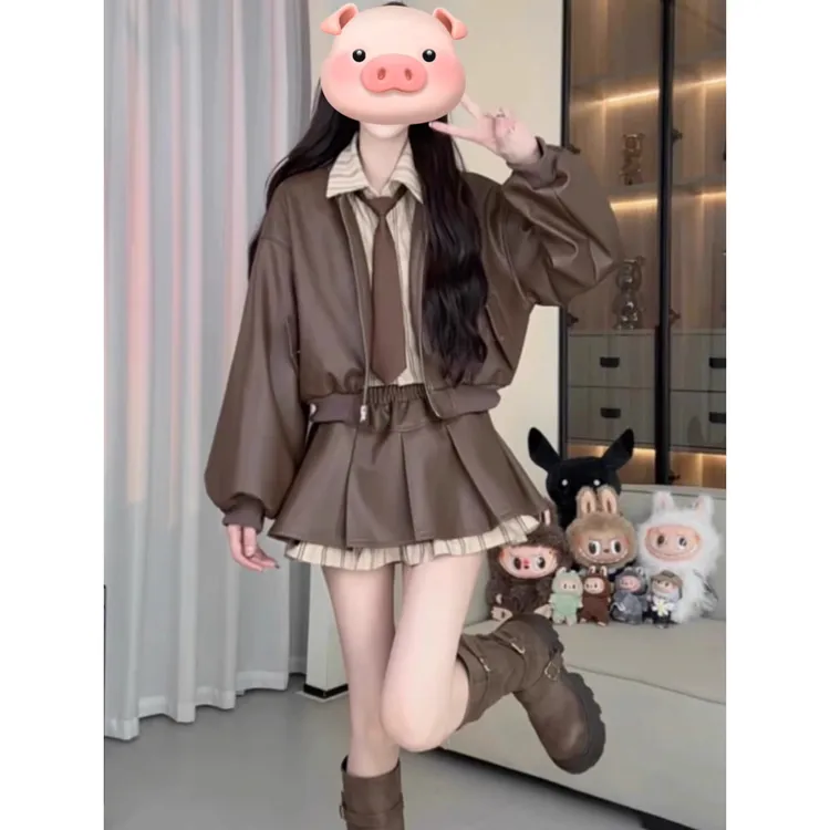 今年流行女装套装2025新款秋时尚百搭港味美拉德皮衣外套短裙两件