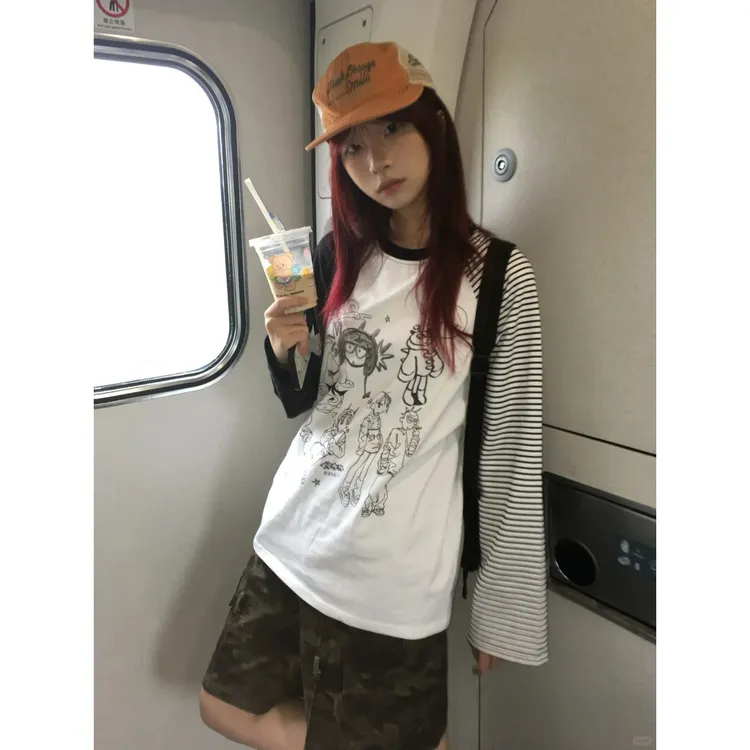 卡通涂鸦拼接撞色条纹纯棉长袖t恤女宽松学院慵懒风休闲百搭上衣