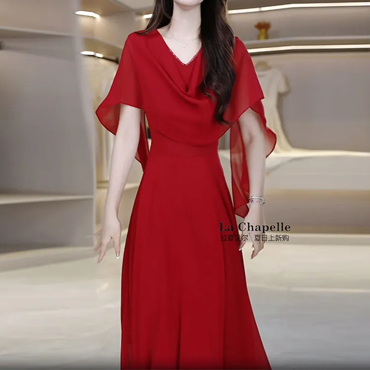 冰丝连衣裙2025夏季新款女装时尚气质显瘦遮肚子优雅红色礼服裙子