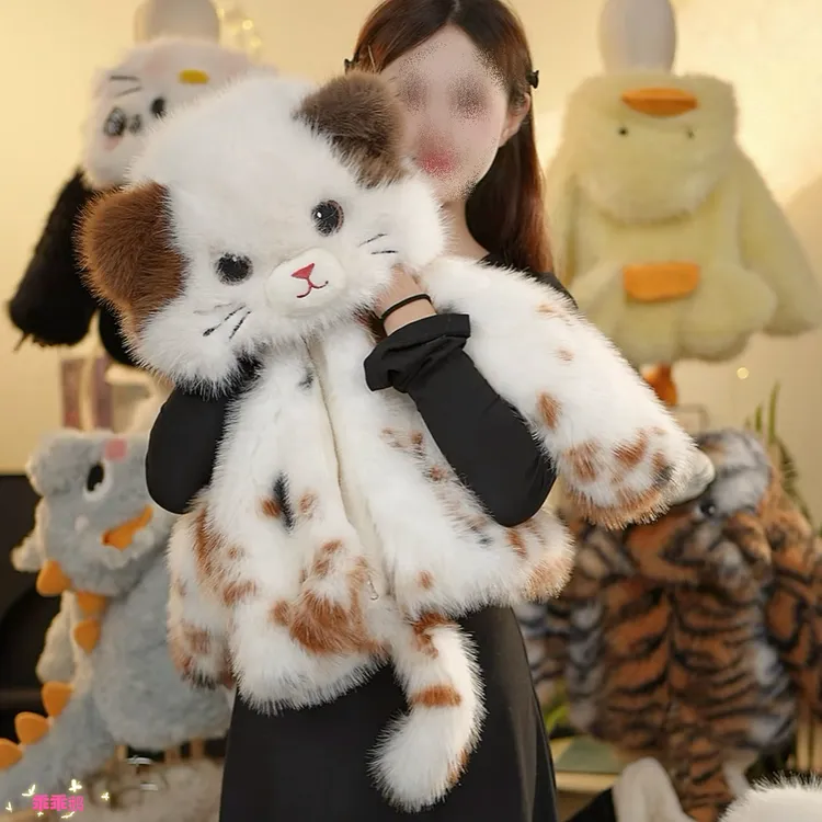 女童连帽小花猫毛毛衣2025新款洋气保暖卡通加绒小动物仿皮草外套