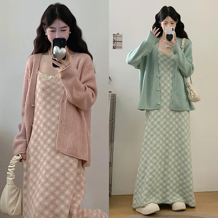 秋冬时尚宽松针织毛衣开衫蕾丝拼接格子连衣裙宽松慵懒风外套套装