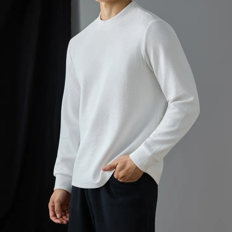 300G重磅精梳棉提花华夫格长袖T恤男款高端中领秋冬半高领打底衫