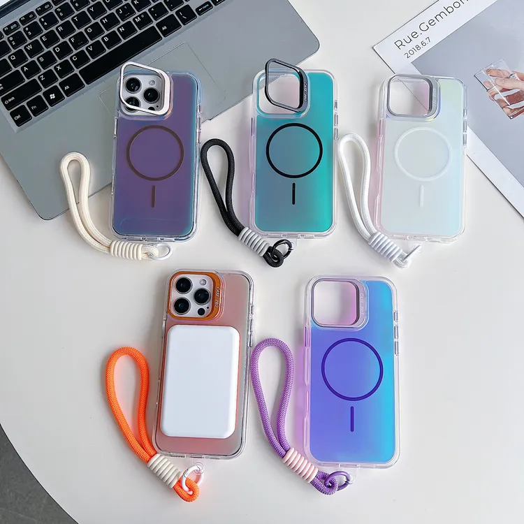适用iPhone17PROMAX变色龙磁吸镜头支架带挂绳16亮彩手机壳