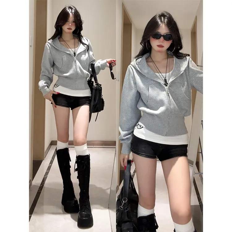 灰色正肩外套女春秋季新款短款连帽卫衣长袖拉链开衫修身运动上衣