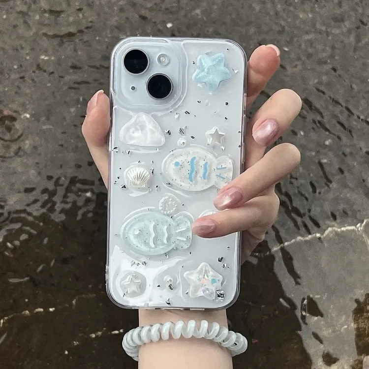 海洋贝壳小鱼适用OPPOreno14/薄荷VIVO手机壳苹果17promax/小米15
