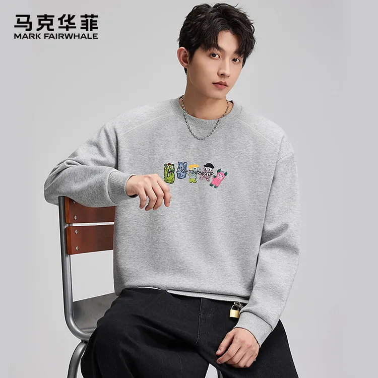MARK FAIRWHALE/马克华菲卡通刺绣卫衣男春秋款圆领长袖情侣卫衣