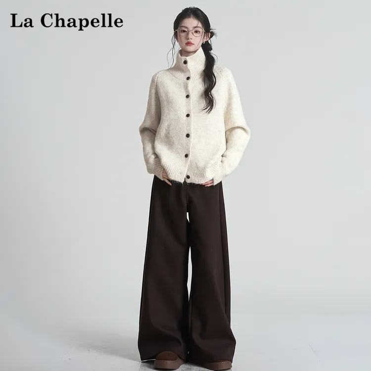 拉夏贝尔2025秋冬新高级感复古软糯毛衣外套女慵懒风高领针织开衫