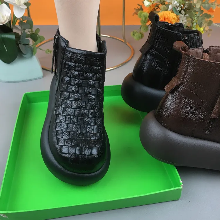 拉链休闲风轻便增高四季圆头高跟春秋侧拉链平跟短靴