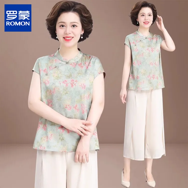 罗蒙新中式妈妈夏装雪纺小衫端庄大气中老年人套装女国风品牌上衣