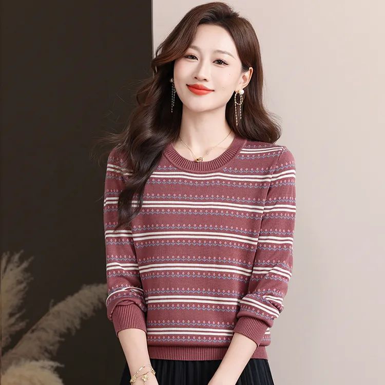 高端品牌春秋打底衫女洋气百搭长袖针织衫高贵妈妈装圆领条纹上衣
