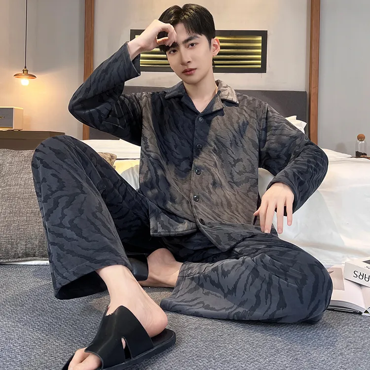 秋冬季海岛绒睡衣男士加绒冬天长袖休闲青年加厚款大码家居服套装