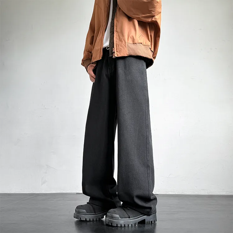 美式水洗灰色阔腿牛仔裤男秋冬宽松复古cleanfit直筒拖地长裤