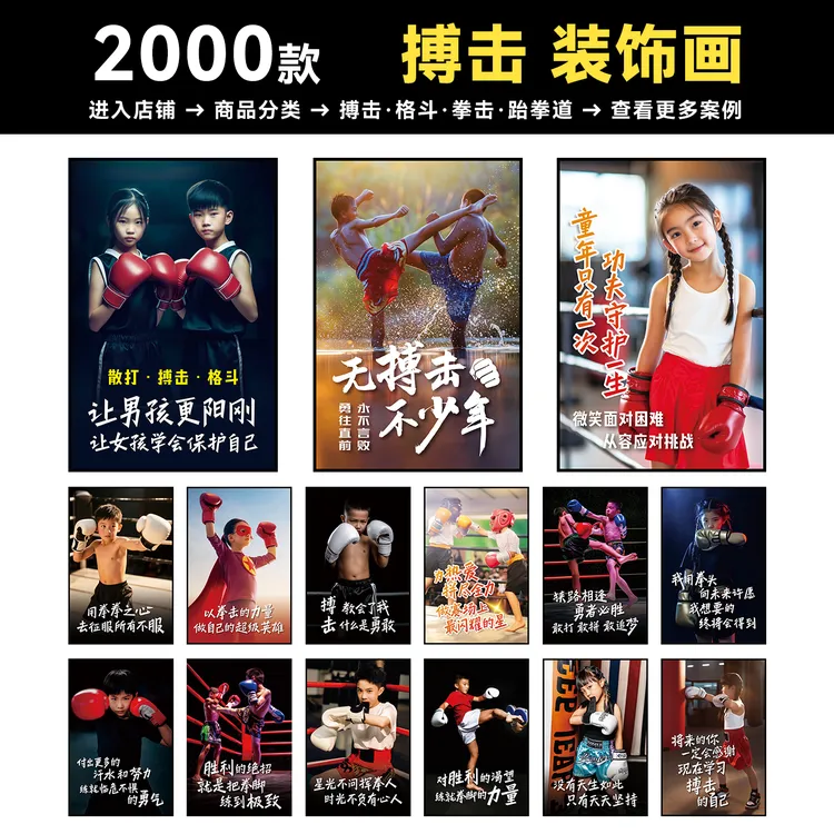 BJ10少儿搏击散打踢拳击泰格斗馆新馆装修装饰画挂画环创展板海报