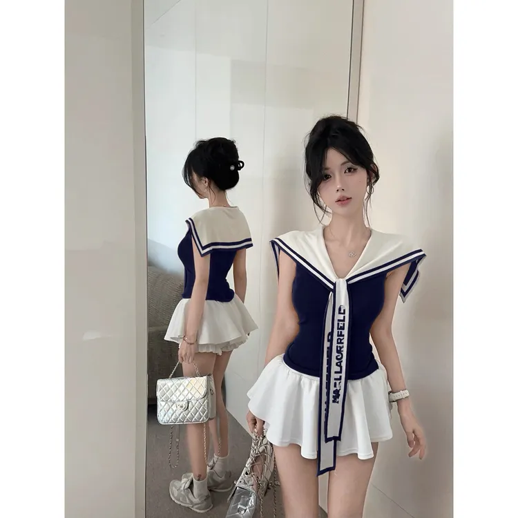 学院风海军领吊带背心女夏季高级感无袖小上衣独特绝美披肩两件套