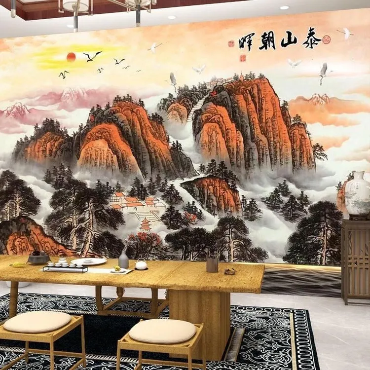 3d定制立体壁画新中式山水画电视背景墙墙布客厅沙发装饰无缝壁布