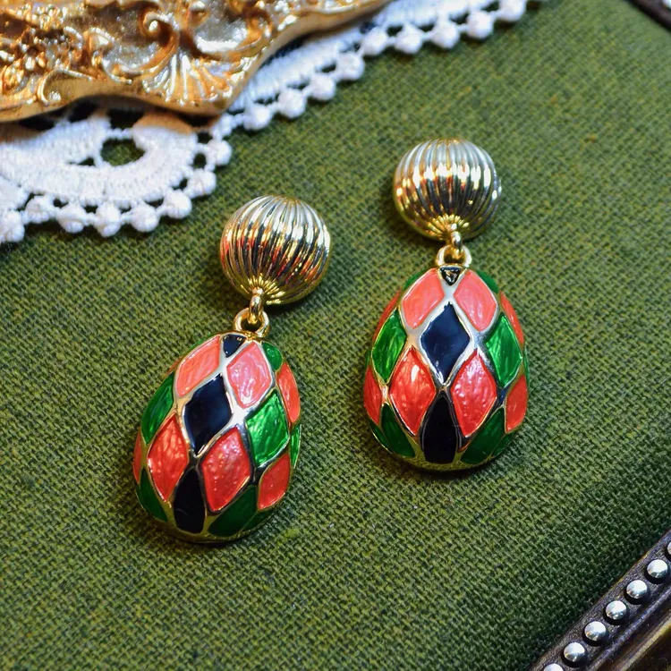 铜合金耳饰 法式浪漫彩色耳钉古风洋气耳饰时尚中古耳环复古耳坠
