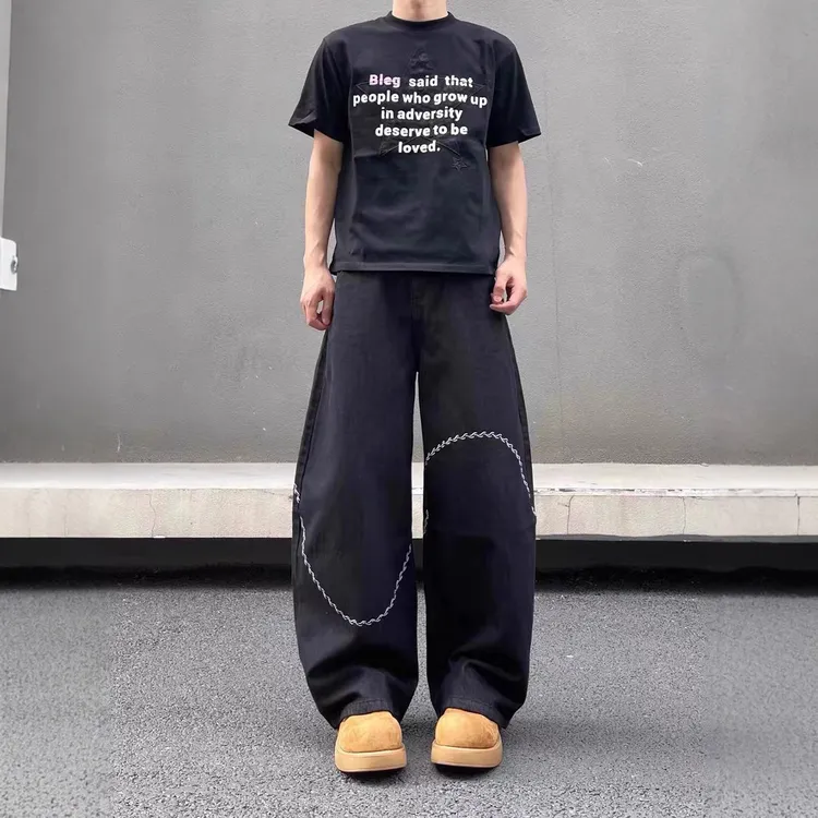 美式高街阔腿牛仔裤2025新款刺绣宽松baggy时尚百搭弯刀长裤