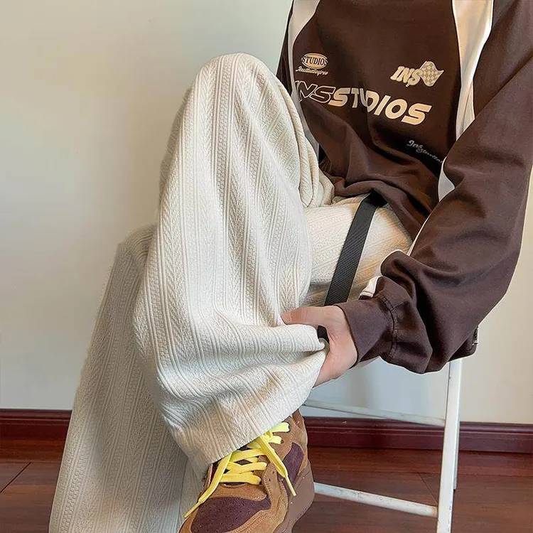 秋季重磅雪尼尔麦穗纹提花裤子男宽松直筒运动裤美式复古休闲裤潮