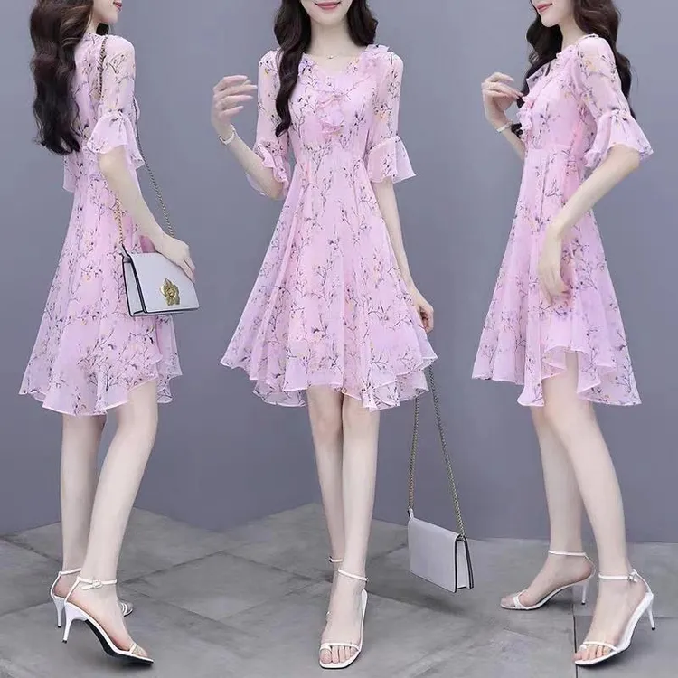【相约达汇】夏季时尚收腰显瘦喇叭袖碎花裙子减龄中长款仿棉连衣裙
