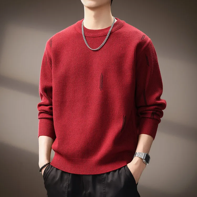 高端轻奢重磅柔软圆领针织毛衣男秋季潮流百搭慵懒风宽松休闲卫衣