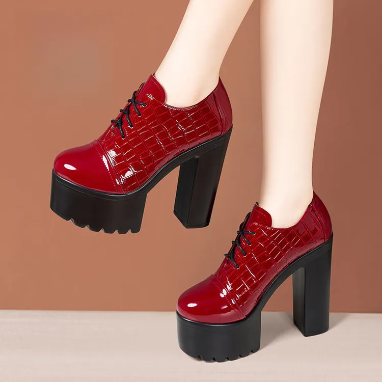 14cm超高跟深口单鞋女漆皮粗跟旗袍走秀鞋防水台系带职业工作女鞋