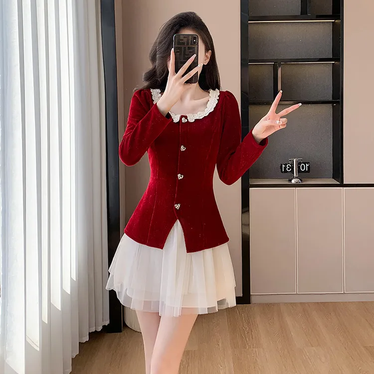 实拍现货秋冬甜美花边方领红色拼接网纱蓬蓬裙假两件连衣裙