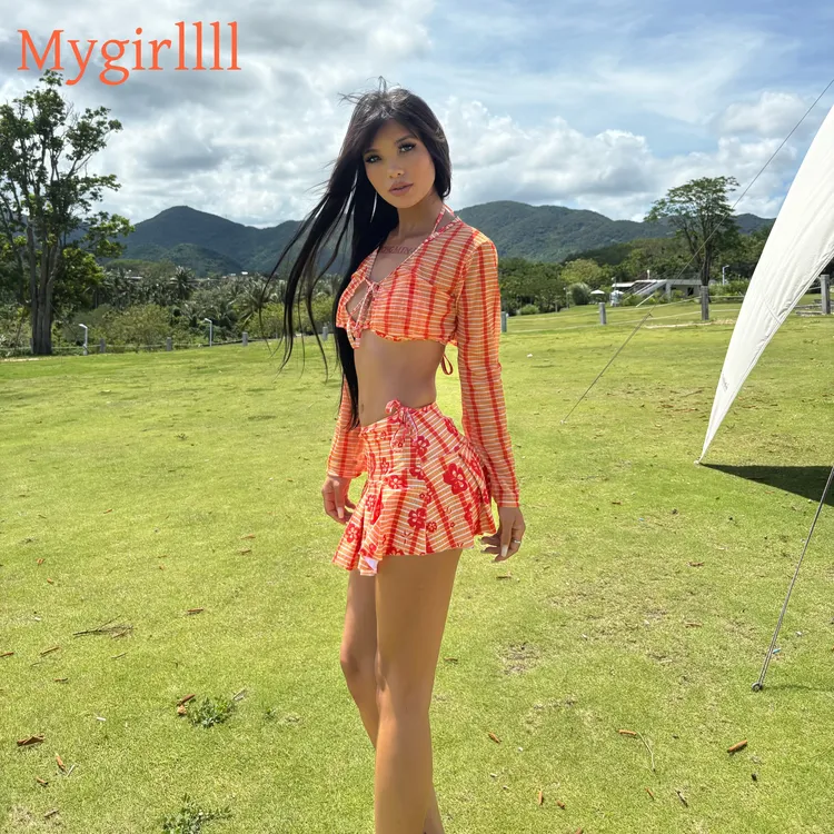 Mygirllll新款泰风度假比基尼百褶裙四件套海边度假温泉泳衣女