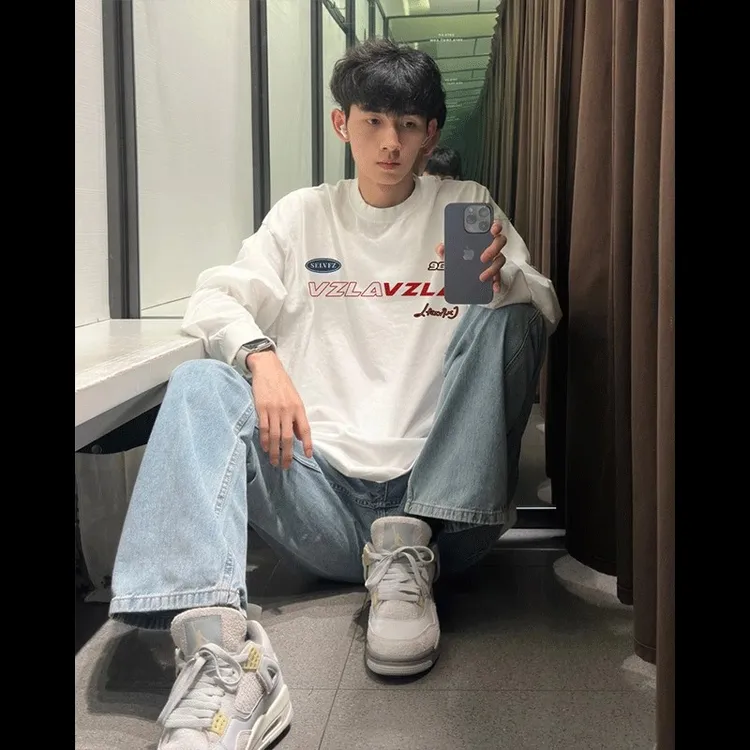 街头字母印花纯棉内搭长袖t恤男款秋季美式潮牌休闲宽松打底上衣