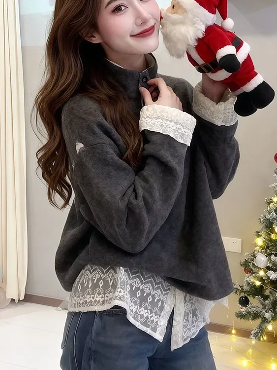 2026春季新款欧货假两件蕾丝拼接半高领打底衫女立领毛呢绒卫衣