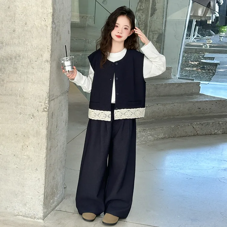 女童马甲阔腿裤三件套秋季2025新款儿童洋气时髦早秋大童秋装套装