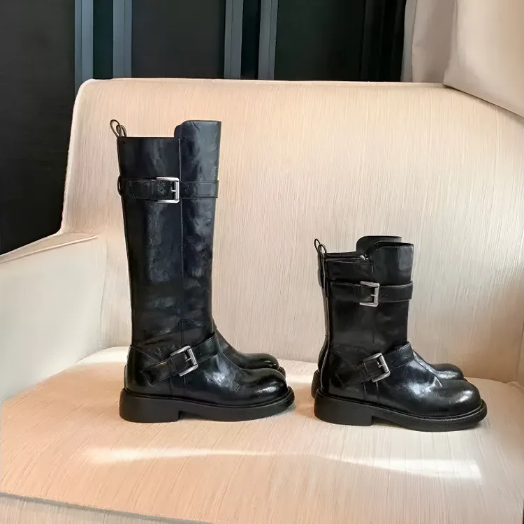 【茵茵家】颓废扣子靴~复古褶皱粗跟厚底中高筒靴骑士长靴女短靴秋