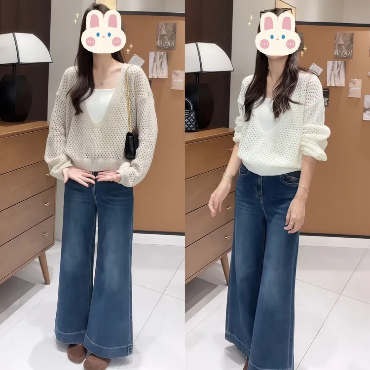 新款镂空针织衫罩衫吊带两件套+早秋高腰设计感韩风牛仔裤BB50276