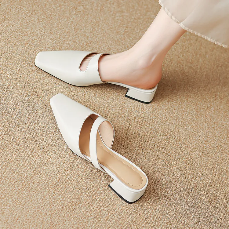 3CM白色小方头粗跟半托鞋2025夏新款穆勒单鞋真皮低跟包头凉拖鞋