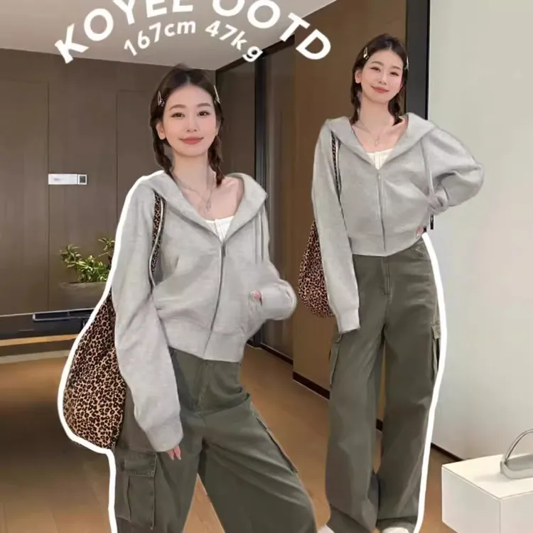 深灰色短款卫衣外套女春秋拉链上衣2025新品加绒chic早秋初秋女装