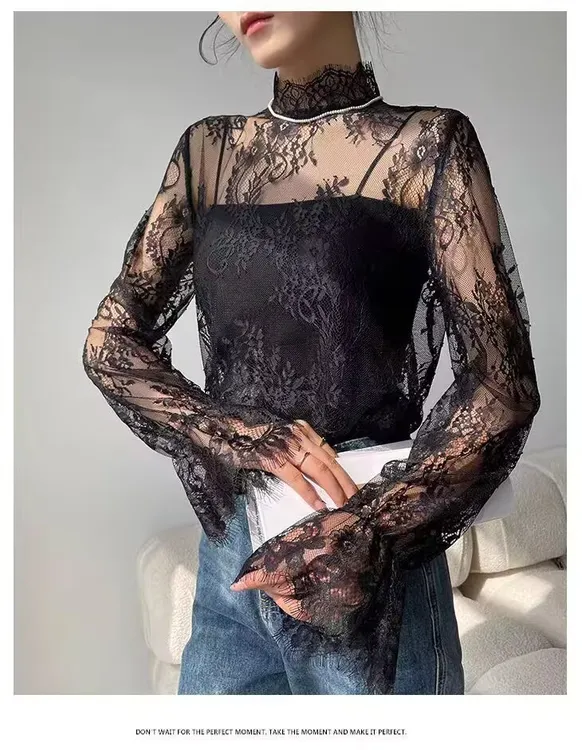 半高领打底衫女秋2025新款叠穿小衫薄款长袖t恤透视内搭蕾丝上衣