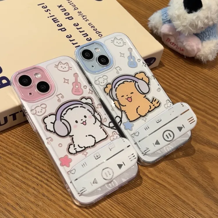 音乐小狗镜面支架适用苹果16情侣手机壳iPhone华为vivo小米15oppo