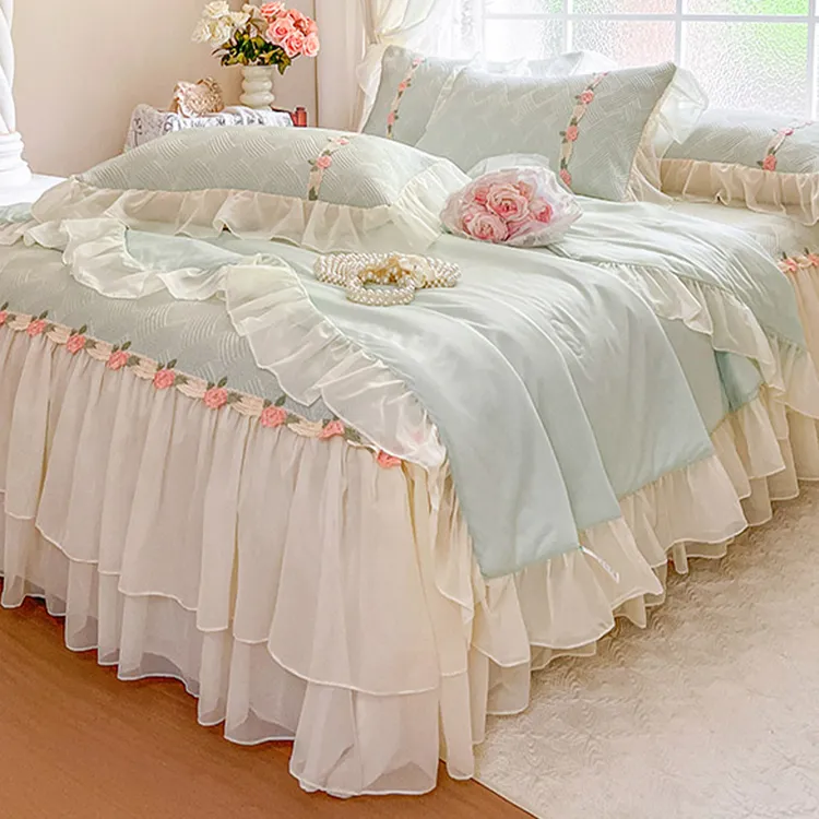 水星高端系列家纺法式冰丝凉席夏被四件套床裙款蕾丝花边床席空调